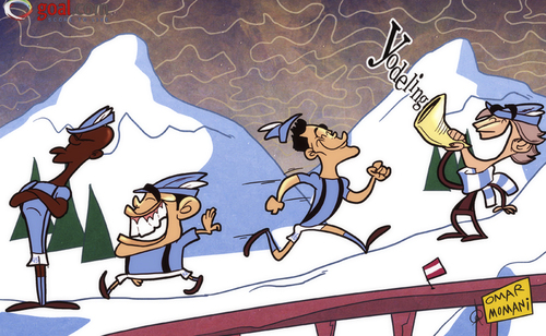 Cartoon: Man City face mountain challenge (medium) by omomani tagged aguero,alps,austria,balotelli,manchester,city,mancini,tevez