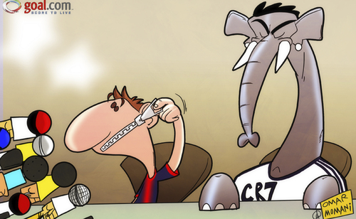 Cartoon: Messi avoids Ronaldo (medium) by omomani tagged barcelona,cristiano,ronaldo,elephant,messi,real,madrid