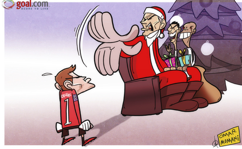 Cartoon: Mourinho leaves Casillas in the (medium) by omomani tagged casillas,christmas,cristiano,ronaldo,mourinho,pepe,real,madrid,santa,claus