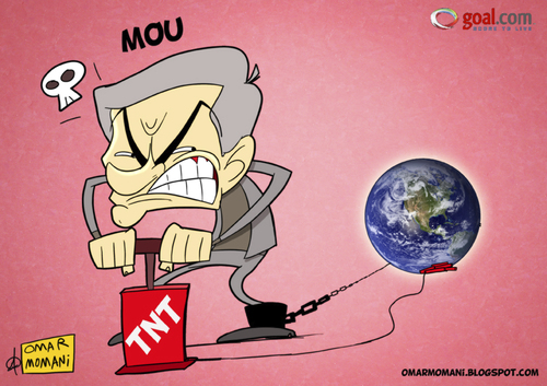 Cartoon: Mourinho VS the World (medium) by omomani tagged mourinho,real,madrid,portugal,spain,la,liga,world,bomb,soccer,football