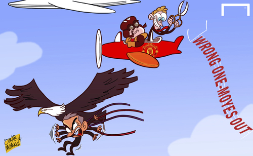 Cartoon: Moyes see off Man U plane (medium) by omomani tagged chelsea,crystal,palace,manchester,united,mourinho,moyes,premier,league,rooney