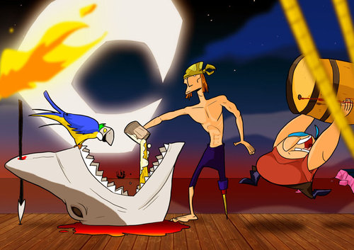 Cartoon: Pirates Party (medium) by omomani tagged pirates,shark,sea,beer,parrot,ship