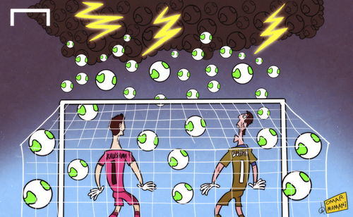 Cartoon: Raining goals (medium) by omomani tagged buffon,confederations,cup,eiji,kawashima,italy,japan