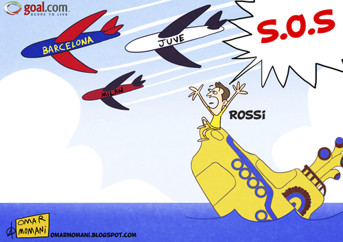 Cartoon: Rossi SOS (medium) by omomani tagged italy,spain,liga,la,serie,juventus,barcelona,milan,ac,villarreal,rossi,giuseppe