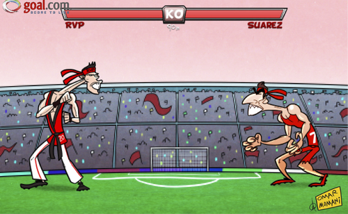 Cartoon: RVP - Ready! Suarez - Ready! (medium) by omomani tagged liverpool,manchester,united,premier,league,suarez,van,ready