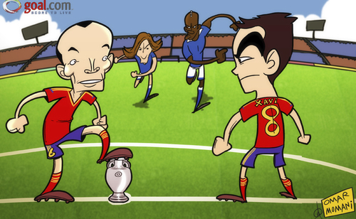 Cartoon: Spain look to tiki-taka (medium) by omomani tagged balotelli,euro,2012,iniesta,italy,pirlo,spain,xavi