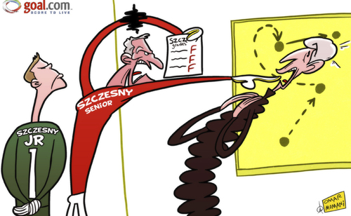 Cartoon: Szczesny senior fumes at Wenger (medium) by omomani tagged arsenal,maciej,szczesny,poland,wenger,wojciech