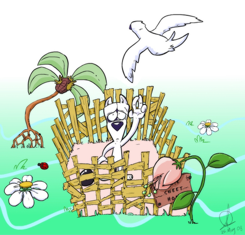 Cartoon: Take Me Home (medium) by omomani tagged dog,home,peigon,flowers,prison,palm,tree,peace,green,hope,dream