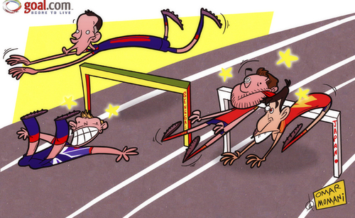 Cartoon: Team GB and Spain fall (medium) by omomani tagged craig,bellamy,gb,japan,javi,martinez,juan,mata,london,2012,olympic,ryan,giggs,senegal,spain