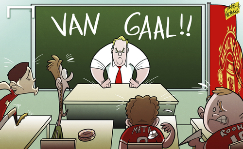 Cartoon: Van Gaal begins work at Man U (medium) by omomani tagged de,gea,juan,mata,kagawa,manchester,united,rooney,van,gaal