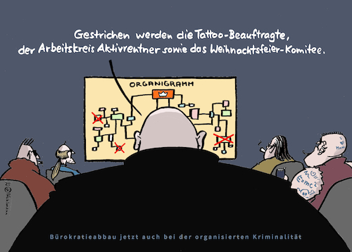 Cartoon: Banden-Bürokratie (medium) by Pfohlmann tagged kriminalität,organisierte,verbrecher,bürokratie,verwaltung,organigramm,stellenabbau,management,verschlankung,aktivrentner,weihnachtsfeier,tattoos,clan,bandenkriminalität,kriminalität,organisierte,verbrecher,bürokratie,verwaltung,organigramm,stellenabbau,management,verschlankung,aktivrentner,weihnachtsfeier,tattoos,clan,bandenkriminalität