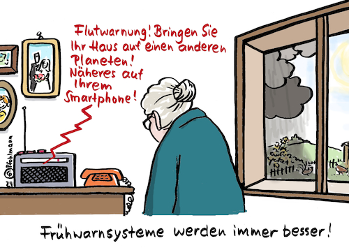 Cartoon: Bessere Warnung (medium) by Pfohlmann tagged warnung,naturkatastrophe,hochwasser,flut,nachrichten,behörden,technologie,smartphone,rentner,senioren,haus,planet,klimakrise,klimawandel,starkregen,vorsorge,warnung,naturkatastrophe,hochwasser,flut,nachrichten,behörden,technologie,smartphone,rentner,senioren,haus,planet,klimakrise,klimawandel,starkregen,vorsorge