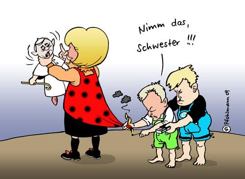 Cartoon: Blöde Schwester (medium) by Pfohlmann tagged cdu,csu,union,merkel,bundeskanzlerin,papst,benedikt,streit,schwester