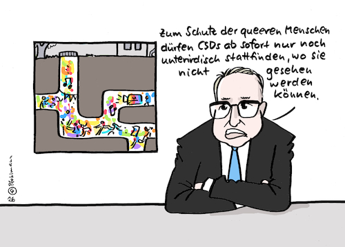 Cartoon: CSD unten (medium) by Pfohlmann tagged csd,pride,queer,anschlag,attentag,dobrindt,csu,innenminister,sicherheit,konservativ,lebensfreude,sichtbarkeit,unterirdisch,lgbtq,regenbogen,bunt,grau,csd,pride,queer,anschlag,attentag,dobrindt,csu,innenminister,sicherheit,konservativ,lebensfreude,sichtbarkeit,unterirdisch,lgbtq,regenbogen,bunt,grau