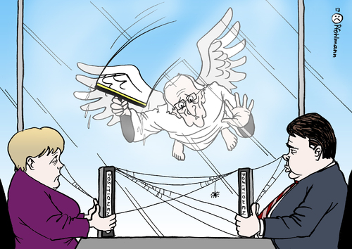 Cartoon: Der Scheibenwischer (medium) by Pfohlmann tagged karikatur,cartoon,color,farbe,2013,deutschland,dieter,hildebrandt,tod,tot,kabarettist,scheibenwischer,fensterputzer,fenster,scheibe,große,koalition,koalitionsgespräche,koalitionsverhandlungen,gabriel,merkel,schwarz,rot,dauer,spinnweben,blockade,bundestag,stagnation,engel,karikatur,cartoon,color,farbe,2013,deutschland,dieter,hildebrandt,tod,tot,kabarettist,scheibenwischer,fensterputzer,fenster,scheibe,große,koalition,koalitionsgespräche,koalitionsverhandlungen,gabriel,merkel,schwarz,rot,dauer,spinnweben,blockade,bundestag,stagnation,engel