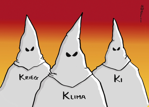 Cartoon: Die drei K (medium) by Pfohlmann tagged klimakrise,klimawandel,kukluxklan,ki,künstlicheintelligenz,ai,krieg,nahost,ukraine,russland,iran,usa,israel,krisen,menschheit,bedrohung,technologie,klimakrise,klimawandel,kukluxklan,ki,künstlicheintelligenz,ai,krieg,nahost,ukraine,russland,iran,usa,israel,krisen,menschheit,bedrohung,technologie