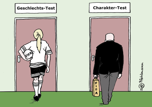 Cartoon: FIFA-Tests (medium) by Pfohlmann tagged karikatur,cartoon,2015,color,farbe,international,global,fifa,fußball,verband,weltverband,wahlen,geschlechtstest,frauenfußball,wm,weltmeisterschaft,korruption,verhaftung,bestechung,vergabe,charakter,karikatur,cartoon,2015,color,farbe,international,global,fifa,fußball,verband,weltverband,wahlen,geschlechtstest,frauenfußball,wm,weltmeisterschaft,korruption,verhaftung,bestechung,vergabe,charakter