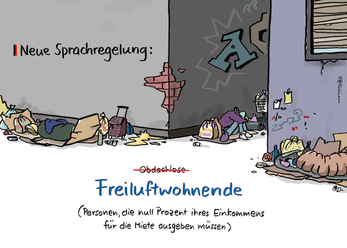 Cartoon: Freiluftwohnende (medium) by Pfohlmann tagged mieten,lebenshaltungskosten,mieter,wohnungsnot,mietnotstand,obdachlose,obdachlosigkeit,wohnungslose,freiluftwohnende,wohnen,wohnungen,wohnungsmarkt,sprachregelung,neusprech,mieten,lebenshaltungskosten,mieter,wohnungsnot,mietnotstand,obdachlose,obdachlosigkeit,wohnungslose,freiluftwohnende,wohnen,wohnungen,wohnungsmarkt,sprachregelung,neusprech