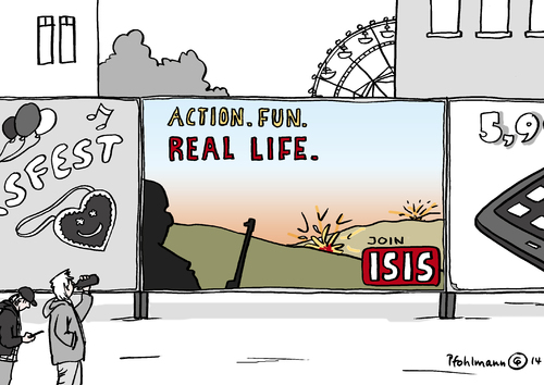 Cartoon: ISIS Kampagne (medium) by Pfohlmann tagged karikatur,cartoon,color,farbe,2014,deutschland,is,isis,islamischer,staat,terrorgruppe,terrormiliz,terroristen,islamisten,anwerbung,werbung,plakat,rekrutierung,action,fun,real,life,abenteuer,kampagne,karikatur,cartoon,color,farbe,2014,deutschland,is,isis,islamischer,staat,terrorgruppe,terrormiliz,terroristen,islamisten,anwerbung,werbung,plakat,rekrutierung,action,fun,real,life,abenteuer,kampagne