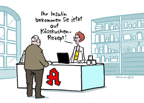 Cartoon: Käsekuchenrezept (medium) by Pfohlmann tagged apotheke,gesundheitssystem,apotheker,apothekerin,patient,verschreibung,arzneimittel,medikamente,rezeptpflichtig,käsekuchenrezept,diabetes,insulin,gesundheit,krankheit,medizin,pharmazie,apothekenreform,apotheke,gesundheitssystem,apotheker,apothekerin,patient,verschreibung,arzneimittel,medikamente,rezeptpflichtig,käsekuchenrezept,diabetes,insulin,gesundheit,krankheit,medizin,pharmazie,apothekenreform