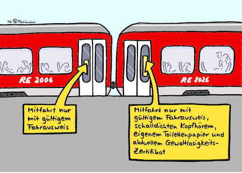 Cartoon: Mitfahrt gewaltlos (medium) by Pfohlmann tagged db,bahn,zug,reise,reisende,fahrgäste,mitfahrt,fahrschein,fahrkarte,fahrausweis,gültig,aggressionen,zugbegleiter,schaffner,fahrscheinkontrolle,beförderung,regionalexpress,gewerkschaft,evg,kopfhörer,klopapier,toiletten,zugtoilette,wc,lärm,musik,db,bahn,zug,reise,reisende,fahrgäste,mitfahrt,fahrschein,fahrkarte,fahrausweis,gültig,aggressionen,zugbegleiter,schaffner,fahrscheinkontrolle,beförderung,regionalexpress,gewerkschaft,evg,kopfhörer,klopapier,toiletten,zugtoilette,wc,lärm,musik