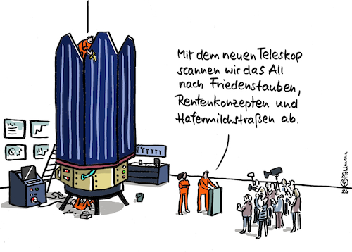 Cartoon: Neues Teleskop (medium) by Pfohlmann tagged teleskop,space,weltall,universum,technologie,astronomie,forschung,wissenschaft,hafermilch,milchstraße,rentenkonzept,rentenreform,friedenstauben,krieg,menschheit,zukunft,scannen,fortschritt,planeten,galaxien,sonnensystem,teleskop,space,weltall,universum,technologie,astronomie,forschung,wissenschaft,hafermilch,milchstraße,rentenkonzept,rentenreform,friedenstauben,krieg,menschheit,zukunft,scannen,fortschritt,planeten,galaxien,sonnensystem