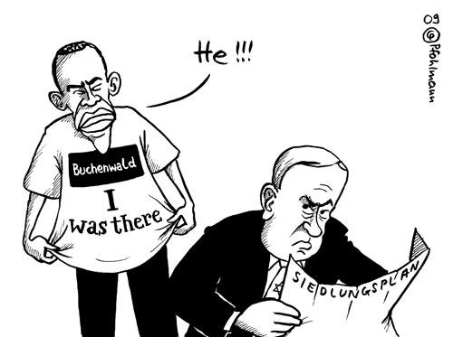 Cartoon: Obama in Buchenwald (medium) by Pfohlmann tagged obama,usa,us,präsident,buchenwald,kz,besuch,visite,deutschland,israel,netanjahu,siedlung