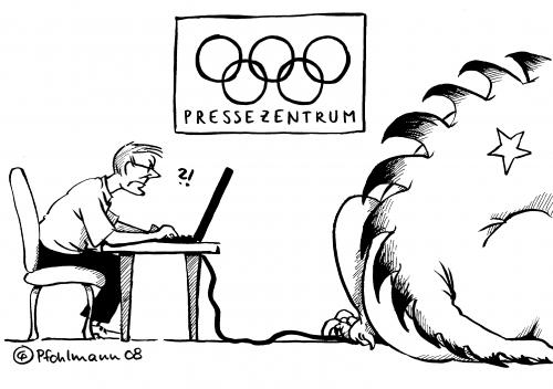 Cartoon: Olympia-Internet (medium) by Pfohlmann tagged olympia,olympiade,presse,pressefreiheit,internet,journalist,medien,olympia,olympiade,olympische spiele,sport,china,diktatur,presse,pressefreiheit,internet,journalist,journalismus,medien,freiheit,www web,online,zugang,information,reporter,schikanierung,pressezentrum,drache,verbot,regierung,2008,olympische,spiele,www,web