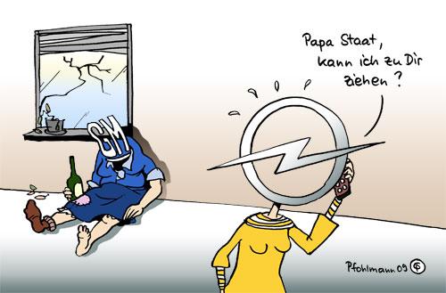 Cartoon: Opel-Mutti GM (medium) by Pfohlmann tagged opel,gm,general,motors,vater,mutter,papa,mama,mutti,vati,papi,familie,autokrise,wirtschaftskrise,rezession,usa