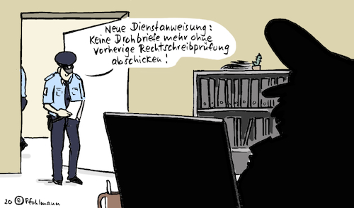 Cartoon: Polizei-Rechtschreibung (medium) by Pfohlmann tagged 2020,deutschland,polizei,nsu,drohbriefe,datenbank,datenschutz,rechtschreibung,hessen,2020,deutschland,polizei,nsu,drohbriefe,datenbank,datenschutz,rechtschreibung,hessen