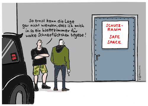 Cartoon: Safe Space Schutzraum (medium) by Pfohlmann tagged schutzraum,safespace,bunker,zivilschutz,krieg,woke,schneeflöckchen,snowflake,rechts,afd,rechtsextrem,rechtsradikal,rechte,trotz,gefahr,watte,tiefgarage,suv,schutzraum,safespace,bunker,zivilschutz,krieg,woke,schneeflöckchen,snowflake,rechts,afd,rechtsextrem,rechtsradikal,rechte,trotz,gefahr,watte,tiefgarage,suv