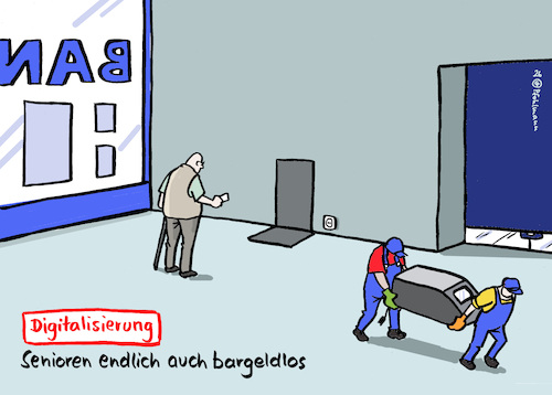 Cartoon: Senioren bargeldlos (medium) by Pfohlmann tagged bargeld,digitalisierung,bargeldlos,kartenzahlung,handy,kontaktlos,bezahlen,geldautomaten,bank,sparkasse,bankfilialen,bargeld,digitalisierung,bargeldlos,kartenzahlung,handy,kontaktlos,bezahlen,geldautomaten,bank,sparkasse,bankfilialen