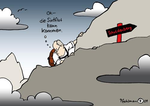 Cartoon: Sintflut (medium) by Pfohlmann tagged steinbrück,finanzminister,schulden,staatsverschuldung,rekordverschuldung,neuverschuldung,schuldenberg,sintflut,bergsteiger
