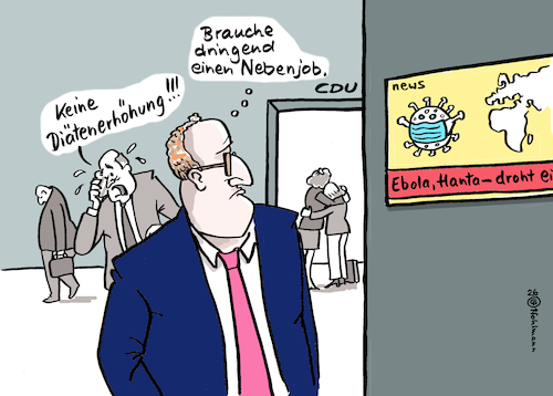 Cartoon: Spahn Nebenjob (medium) by Pfohlmann tagged spahn,corona,pandemie,masken,diäten,cdu,einkommen,nebenjob,abgeordnete,ebola,hantavirus,seuchen,gesundheitsminister,who,epidemie,korruption,zuverdienst,taschengeld,finanzen,haushalt,steuergeld,fraktionsvorsitzender,bundestag,parlament,spahn,corona,pandemie,masken,diäten,cdu,einkommen,nebenjob,abgeordnete,ebola,hantavirus,seuchen,gesundheitsminister,who,epidemie,korruption,zuverdienst,taschengeld,finanzen,haushalt,steuergeld,fraktionsvorsitzender,bundestag,parlament