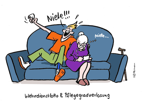Cartoon: Verlosungen (medium) by Pfohlmann tagged verlosung,wehrdienst,bundeswehr,pflegegrad,pflegereform,generationen,lotterie,nieten,verlosung,wehrdienst,bundeswehr,pflegegrad,pflegereform,generationen,lotterie,nieten