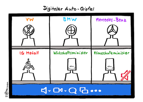 Cartoon: Virtueller Auto-Gipfel (medium) by Pfohlmann tagged autogipfel,wirtschaftsminister,klimaschutzminister,habeck,grüne,ampel,bundesregierung,krise,automobilindustrie,autoindustrie,vw,bmw,tesla,gewerkschaft,videokonferenz,mercedes,benz,zoom,digital,virtuell,meeting,elektromobiliät,digitalisierung,computer,monitor,bildschirm,kacheln,mute,stumm,doppelrolle,ambivalenz,autogipfel,wirtschaftsminister,klimaschutzminister,habeck,grüne,ampel,bundesregierung,krise,automobilindustrie,autoindustrie,vw,bmw,tesla,gewerkschaft,videokonferenz,mercedes,benz,zoom,digital,virtuell,meeting,elektromobiliät,digitalisierung,computer,monitor,bildschirm,kacheln,mute,stumm,doppelrolle,ambivalenz