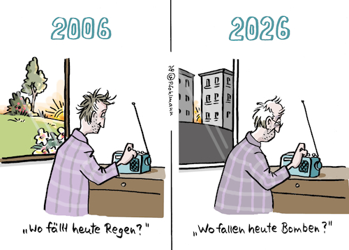 Cartoon: Wo heute (medium) by Pfohlmann tagged krieg,bomben,gewalt,nahost,ukraine,russland,iran,usa,israel,libanon,nachrichten,medien,radio,morgenroutine,früh,krieg,bomben,gewalt,nahost,ukraine,russland,iran,usa,israel,libanon,nachrichten,medien,radio,morgenroutine,früh