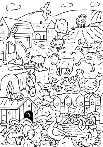 Cartoon: ausmalbild Bauernhof (medium) by sabine voigt tagged ausmalbild,bauern,markt,farmer,gemüse,obst,einkaufen,erzeuger,bauer,ökologie,bio,essen,ernährung,bauernhof,tiere