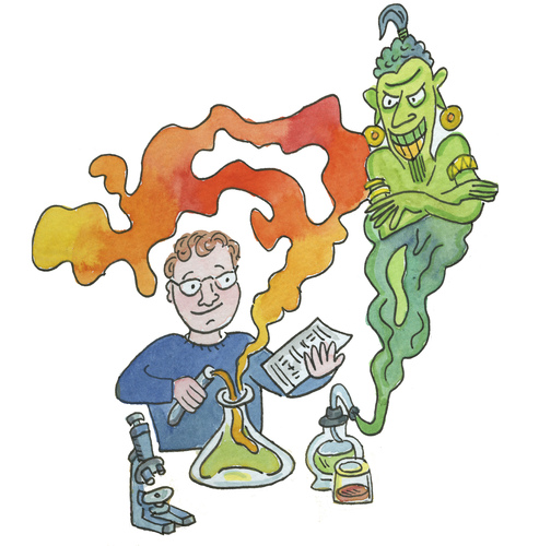Cartoon: chemie labor (medium) by sabine voigt tagged chemie,labor,schule,unterricht,experiment,gymnasium,universität,student,gift,toxisch,flaschengeist