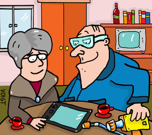 Cartoon: Digitalisierung Senioren (medium) by sabine voigt tagged ipad,großeltern,enkel,computer,digitalisierung,oma,opa,fotos,kamera,digital