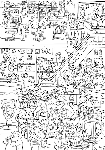 Cartoon: Kaufhaus Ausmalbild (medium) by sabine voigt tagged kaufhaus,ausmalbild,einkaufen,kaufen,shopping,einkaufscenter,laden,verkauf,geschäfte,rolltreppe,künden,verkäufer,geschenke,malen,ausmalen