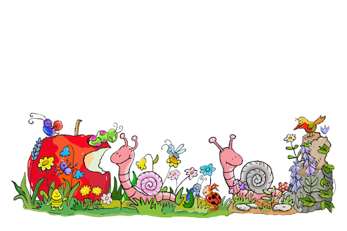 Cartoon: Schnecken Garten (medium) by sabine voigt tagged schnecken,garten,insekten,wiese,blumen,apfel,kinder,kleintiere
