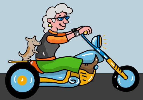 Cartoon: Seniorin auf Motorrad (medium) by sabine voigt tagged ebike,escooter,verkehr,strasse,mobilität,motorrad,cartoon,pflege,oma,seniorin,medizin,pflegeheim,überalterung,alter,senioren