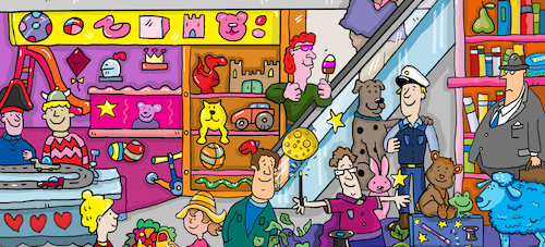 Cartoon: Spielzeug (medium) by sabine voigt tagged kaufhaus,ausmalen,einkaufen,geschäfte,läden,kasse,spielzeug,schule,kindergarten,rolltreppe,konsum