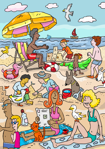Cartoon: Strand Sommer (medium) by sabine voigt tagged strand,sommer,ferien,meer,urlaub,sonne,wellness,entspannung,sand,frankreich,spanien,türkei,italien,portugal,schwimmbad,sonnenbrand,hitze,klima