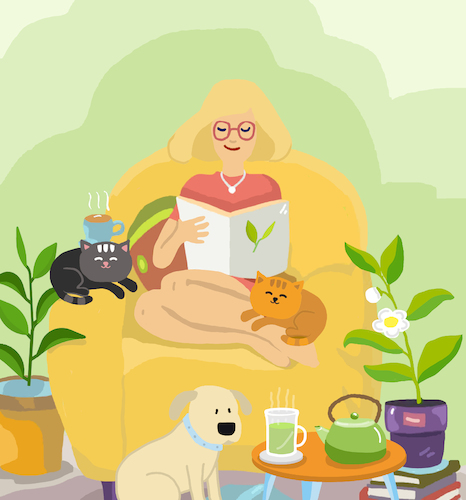 Cartoon: tea time Kaffee (medium) by sabine voigt tagged kaffee,tee,gemütlichkeit,pause,hund,katze,lesen,freizeit,teepflanze,haustier,frau,mädchen,wellness,entspannung,liebe,glück,gesundheit,kaffee,tee,gemütlichkeit,pause,hund,katze,lesen,freizeit,teepflanze,haustier,frau,mädchen,wellness,entspannung,liebe,glück,gesundheit
