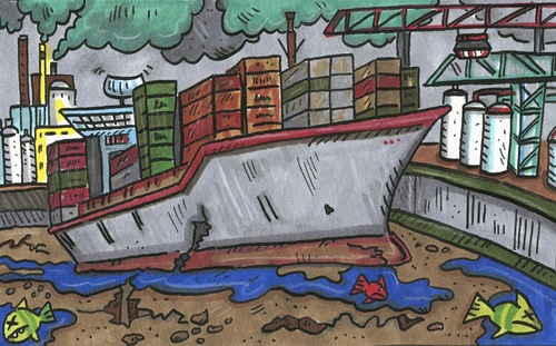 Cartoon: umweltverschmutzung schiff (medium) by sabine voigt tagged umweltverschmutzung,schiff,öl,ökologie,leere,flusse,müll,umwelt,nachhaltigkeit