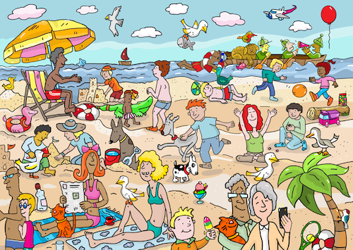 Cartoon: Wimmelbild Strand (medium) by sabine voigt tagged wimmelbild,strand,meer,sommer,sommerferien,sand,sonnenschirm,wasser,schwimmen,sandburg,kinder,tiere,eis