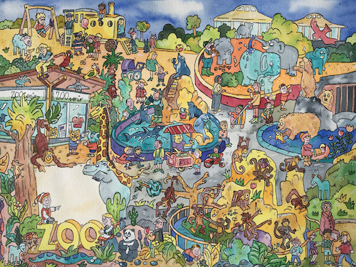 Cartoon: wimmelbild Zoo (medium) by sabine voigt tagged wimmelbild,zoo,tiere,elefanten,esel,baren,giraffe,spielplatz,pinguin,äffen,shop