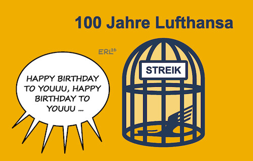 Cartoon: 100 Jahre Lufthansa (medium) by Erl tagged politik,verkehr,luftverkehr,luftfahrt,lufthansa,100,jahre,jubiläum,streik,kranich,käfig,karikatur,erl,politik,verkehr,luftverkehr,luftfahrt,lufthansa,100,jahre,jubiläum,streik,kranich,käfig,karikatur,erl
